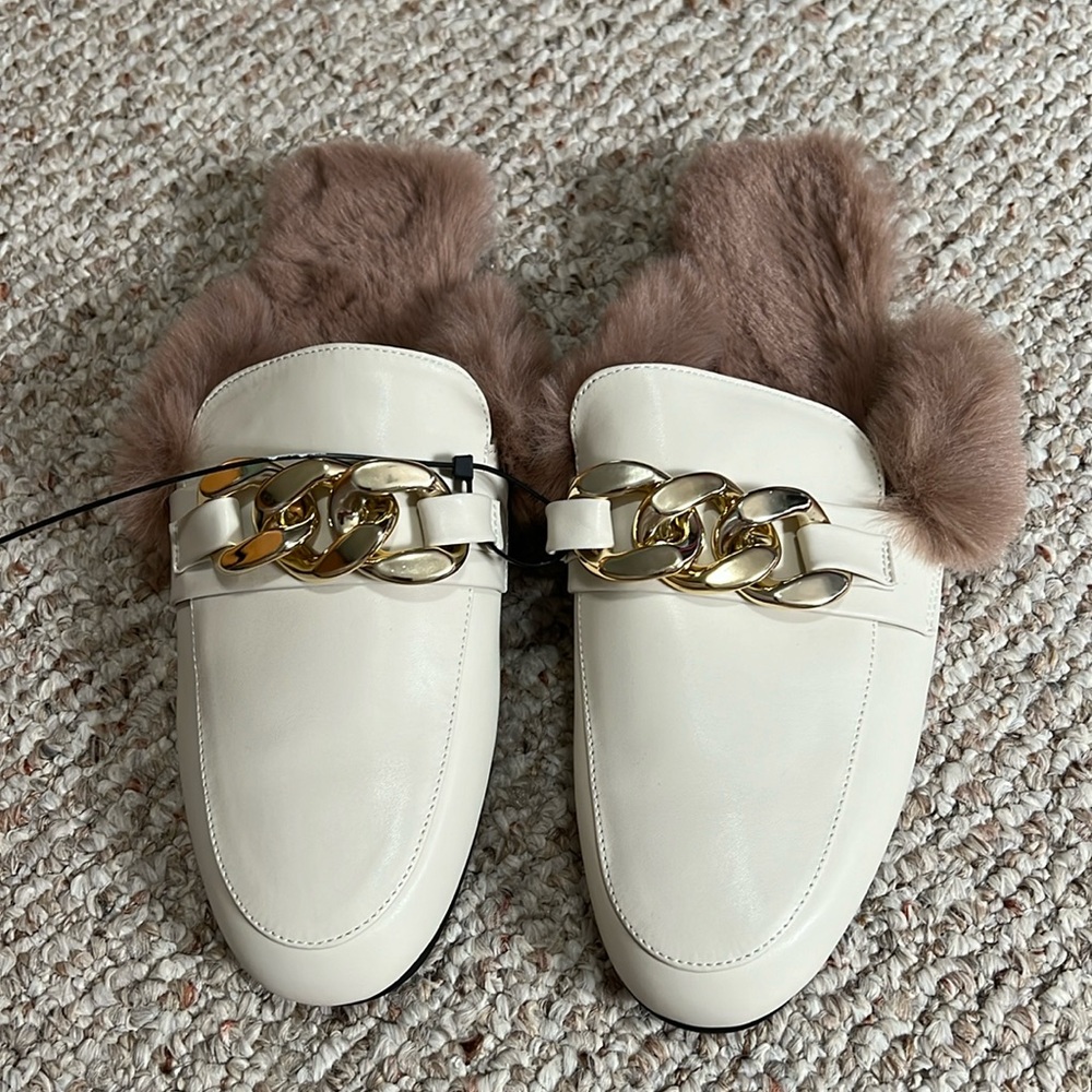 Dress House Shoes Slippers Cream Mule with Light Brown Faux Fur Size 10 New